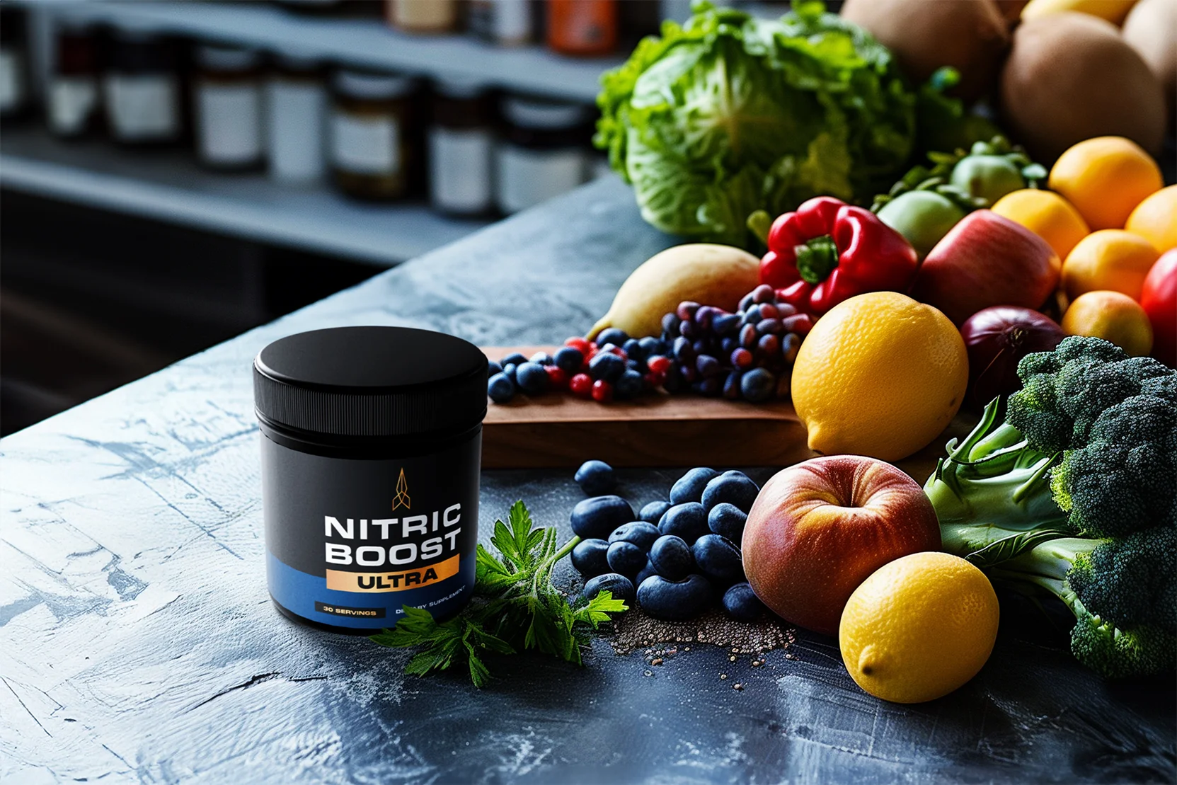 Nitric Boost 1 bottle with varieties of fruits and veggies